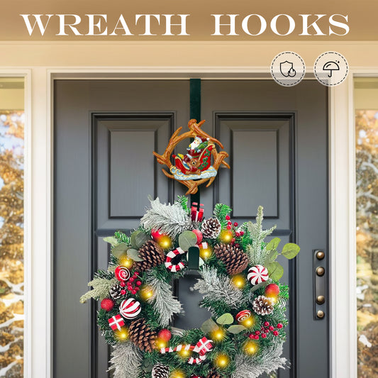 Linton Arts Cast Iron Wreath Hanger for Front Door, Santa Sleigh Adjustable Over the Door Hoo Kwreath Stand, Heavy Duty Door Wreath Hanger and Wreath Hook for Fall and Christmas Holiday Decorations.