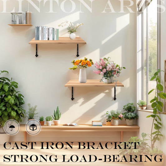 Linton Arts Vintage Cast Iron Decorative Shelf Brackets, 7.63" x 7.63" Heavy Duty Corner Wall Brackets for Shelves – Triangular Design Floating Shelf Bracket with Screws Included, 2 Pack