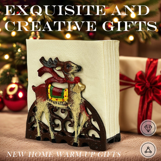 Christmas Cast Iron Napkin Holder - Retro Industrial Tissue Paper Dispenser for Table, Festive Deer Design, Durable Pure Iron Napkin Stand for Paper Napkins, Exquisite New Home Warm-Up Gift