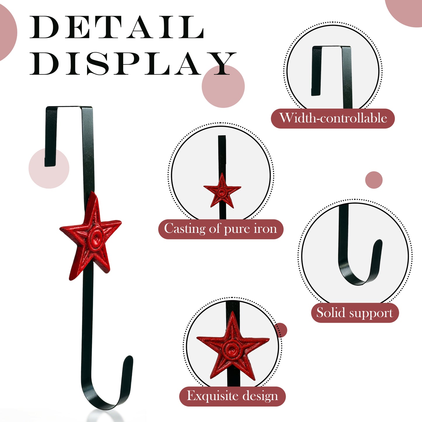 Linton Arts Cast Iron Wreath Hanger for Front Door, Red Star Adjustable Over the Door Hook Wreath Stand, Heavy Duty Door Wreath Hanger and Garland Holder for Fall and Christmas Decorations