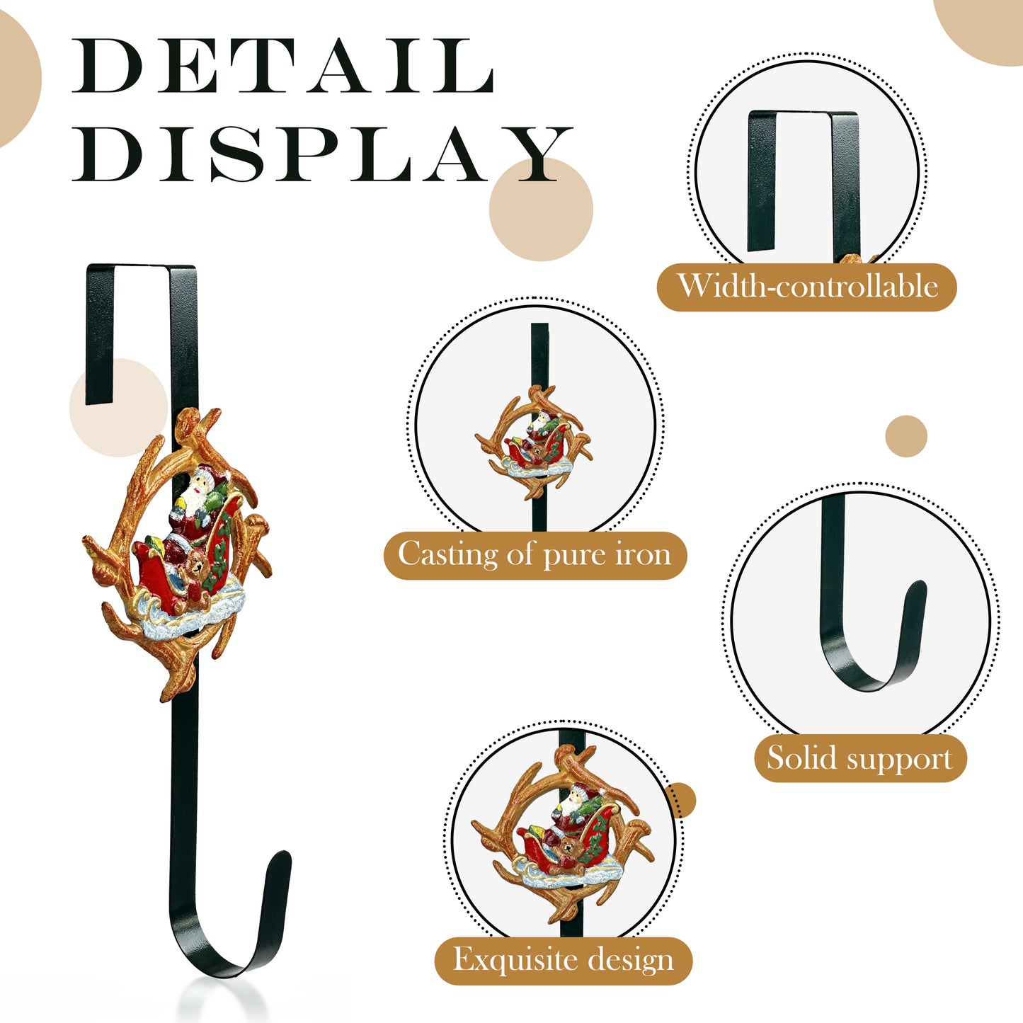 Linton Arts Cast Iron Wreath Hanger for Front Door, Santa Sleigh Adjustable Over the Door Hoo Kwreath Stand, Heavy Duty Door Wreath Hanger and Wreath Hook for Fall and Christmas Holiday Decorations.