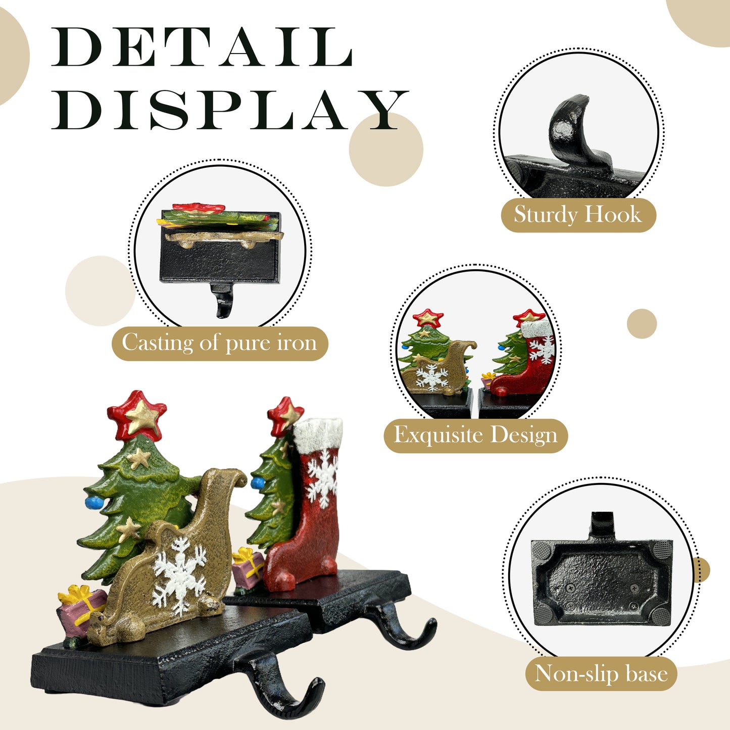 Linton Arts 2 Pack Cast Iron Christmas Stocking Holders for Mantle, Heavy Duty Cast Iron Christmas Stocking Holders, Stocking Holders for Mantle and Stocking Hook 【Christmas Stocking Holder】