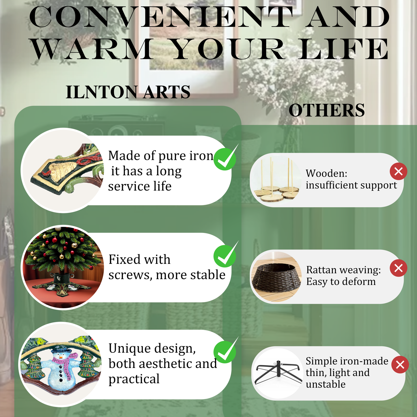 Linton Arts Heavy Duty Christmas Tree Stand - 10" Cast Iron Base with Snowman & Bells Design, Rotating Knobs Fit Trees Up to 8ft, Anti-Tip Metal Stand for Holiday Decor