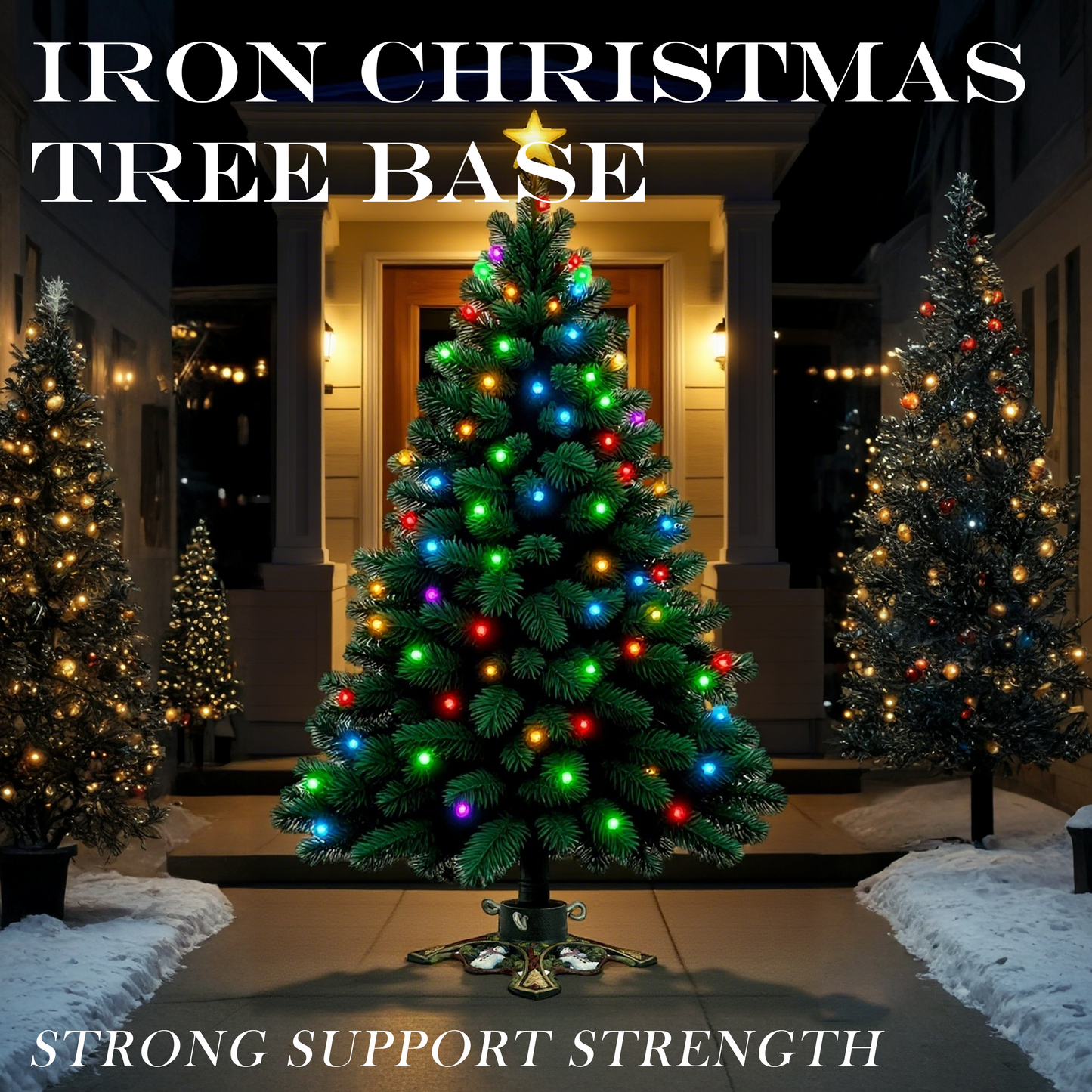 Linton Arts Heavy Duty Christmas Tree Stand - 10" Cast Iron Base with Snowman & Bells Design, Rotating Knobs Fit Trees Up to 8ft, Anti-Tip Metal Stand for Holiday Decor