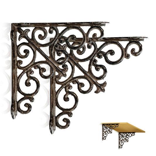 Linton Arts Vintage Cast Iron Decorative Shelf Brackets, 7.63" x 7.63" Heavy Duty Corner Wall  Brackets for Shelves – Triangular Design Floating Shelf Bracket with Screws Included, 2 Pack