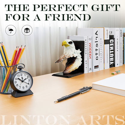 Linton Arts Metal Bookends for Shelves – Heavy Duty Cast Iron Bald Eagle Bookend, Decorative Book Stopper for Home Office, 1pc Single Bookend (Bookshelf Decor)