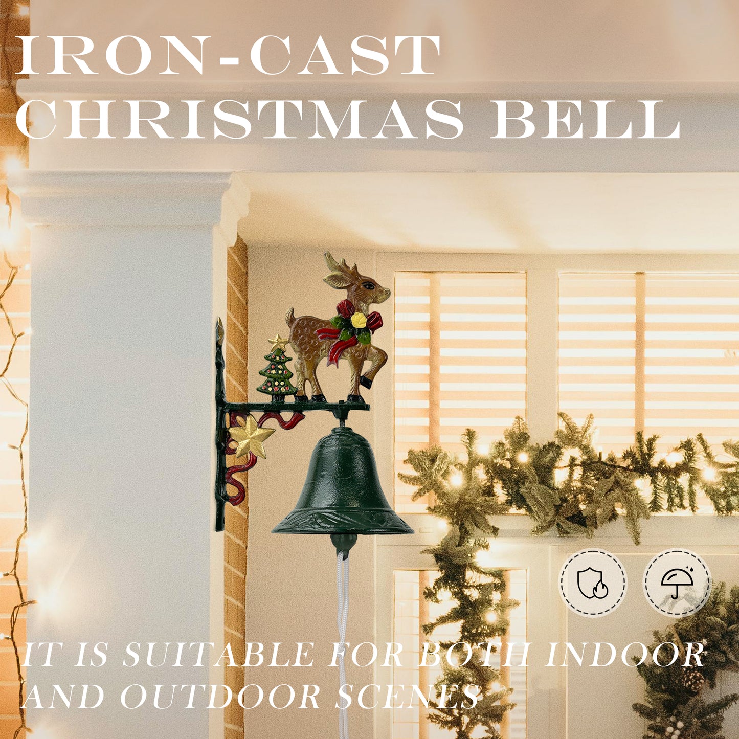 Linton Arts Christmas Outdoor Dinner Bell, Cast Iron Hand-Painted Rustic Dinner Bell with Bracket, Reindeer Outdoor Bell for Porch, Garden, Patio