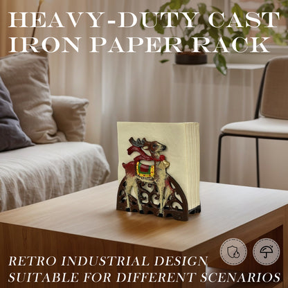Christmas Cast Iron Napkin Holder - Retro Industrial Tissue Paper Dispenser for Table, Festive Deer Design, Durable Pure Iron Napkin Stand for Paper Napkins, Exquisite New Home Warm-Up Gift