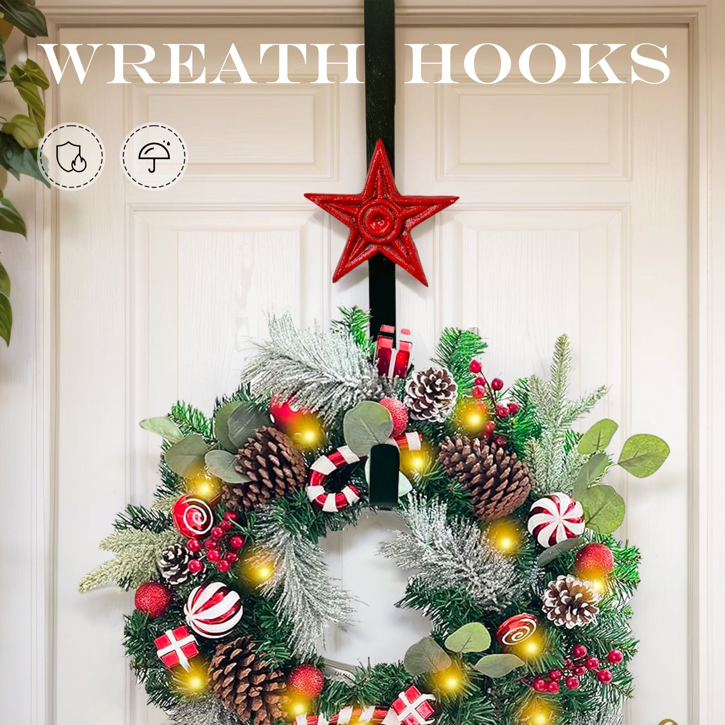 Linton Arts Cast Iron Wreath Hanger for Front Door, Red Star Adjustable Over the Door Hook Wreath Stand, Heavy Duty Door Wreath Hanger and Garland Holder for Fall and Christmas Decorations