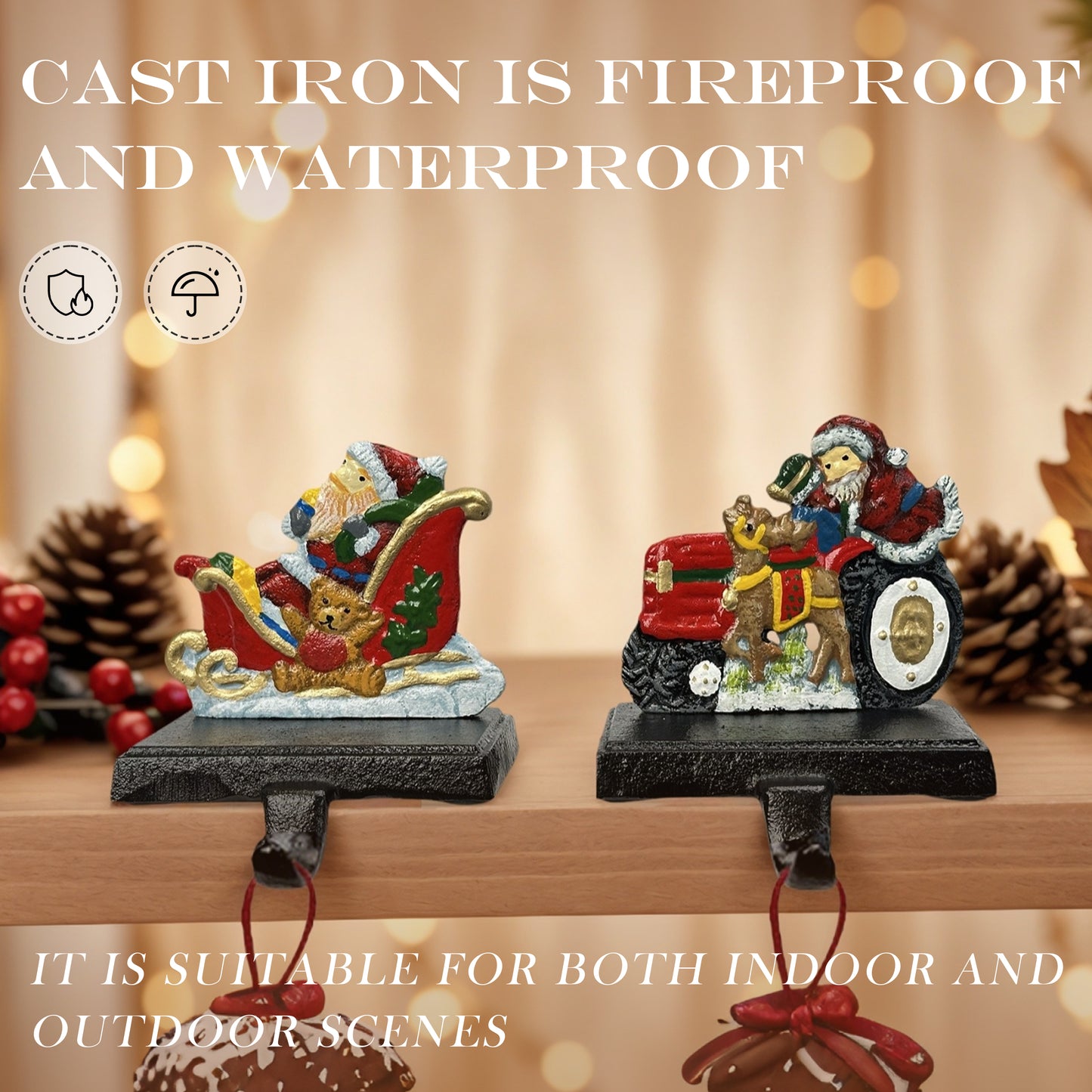 Linton Arts 2 Pack Cast Iron Christmas Stocking Holders for Mantle, Santa Claus Weighted Stocking Holder with Non-Slip Base, Vintage Ornament Hooks【Christmas Stocking Holder】