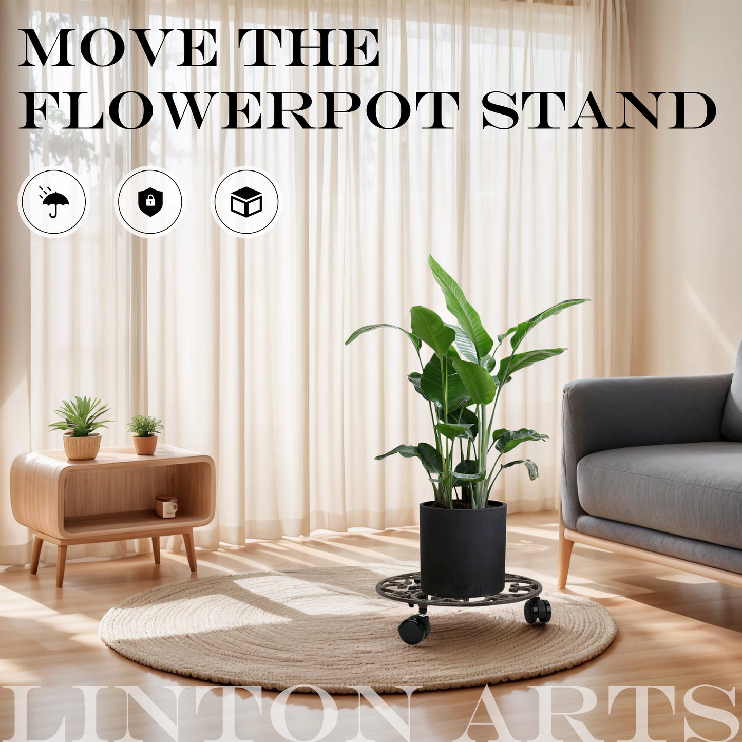 Linton Arts Wheeled Plant Caddy, 10.7 Inch Anti-Rust Cast Iron Heavy Duty Plant Caddy for Small Potted Plants, Rustic Indoor Plant Stands for Living Room, Courtyard,160 lbs Capacity, No Assembly Required