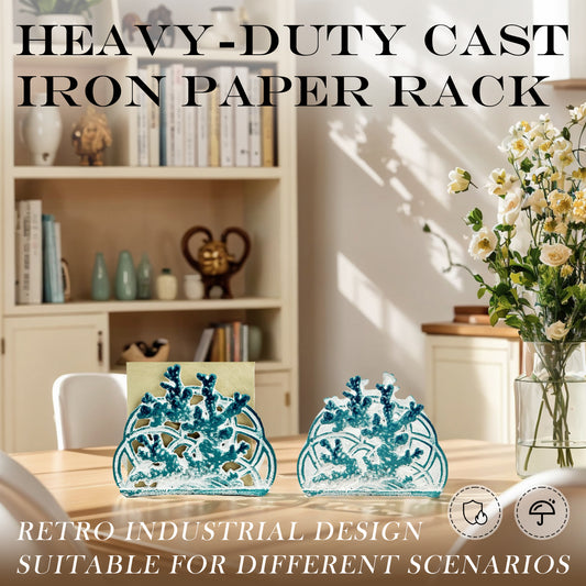 Linton Arts Napkin Holder for Table, Cast Iron Standing Napkin Dispenser, Coral Design Blue  Paper Towel Organizer for Kitchen Coffee Shop Dining Bathroom  (5.8"L x 4.6"W x 3"H)