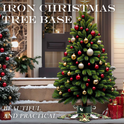 Linton Arts Heavy Duty Christmas Tree Stand - 10" Cast Iron Base with Snowman & Bells Design, Rotating Knobs Fit Trees Up to 8ft, Anti-Tip Metal Stand for Holiday Decor