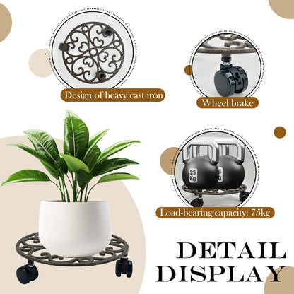 Linton Arts Wheeled Plant Caddy, 10.7 Inch Anti-Rust Cast Iron Heavy Duty Plant Caddy for Small Potted Plants, Rustic Indoor Plant Stands for Living Room, Courtyard,160 lbs Capacity, No Assembly Required