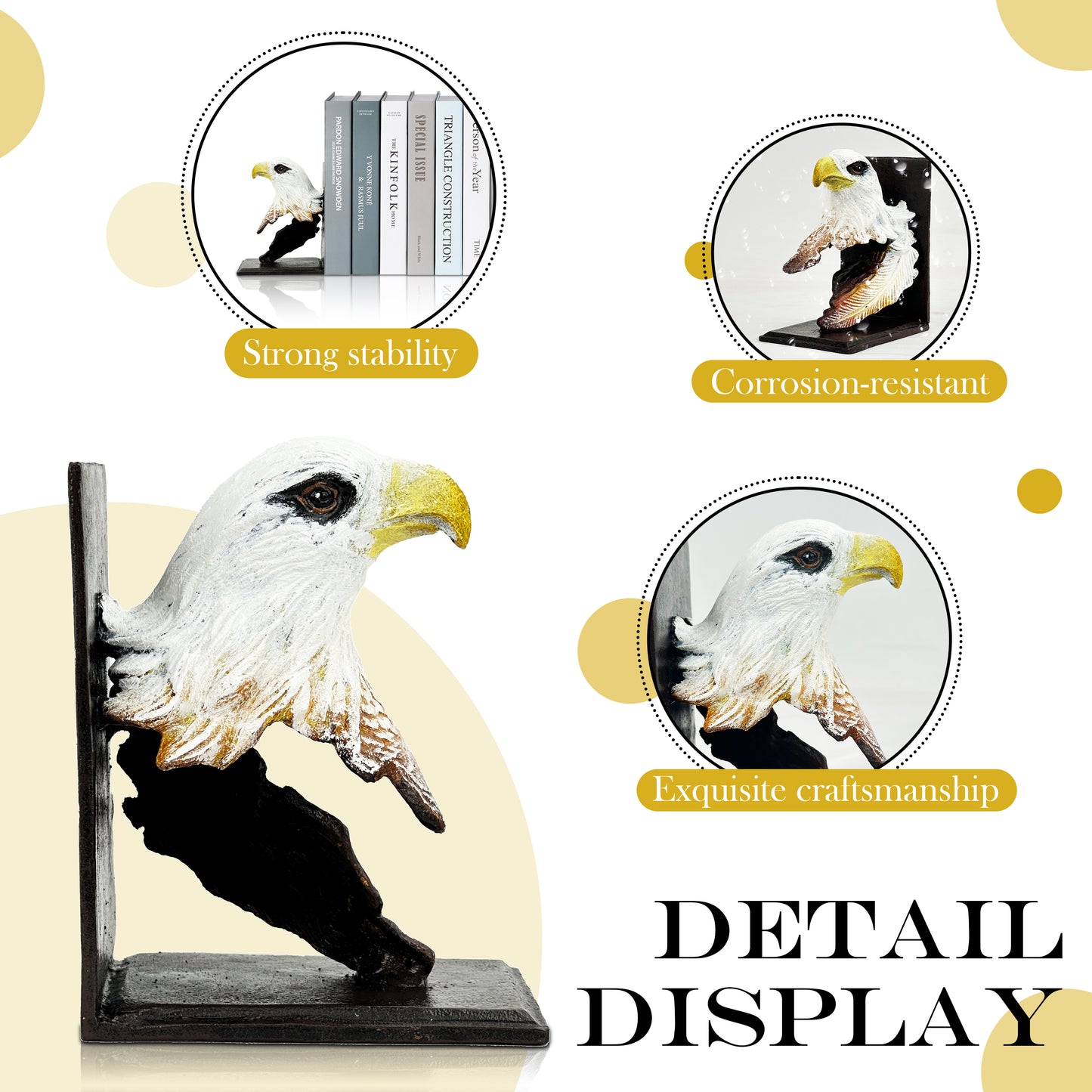 Linton Arts Metal Bookends for Shelves – Heavy Duty Cast Iron Bald Eagle Bookend, Decorative Book Stopper for Home Office, 1pc Single Bookend (Bookshelf Decor)
