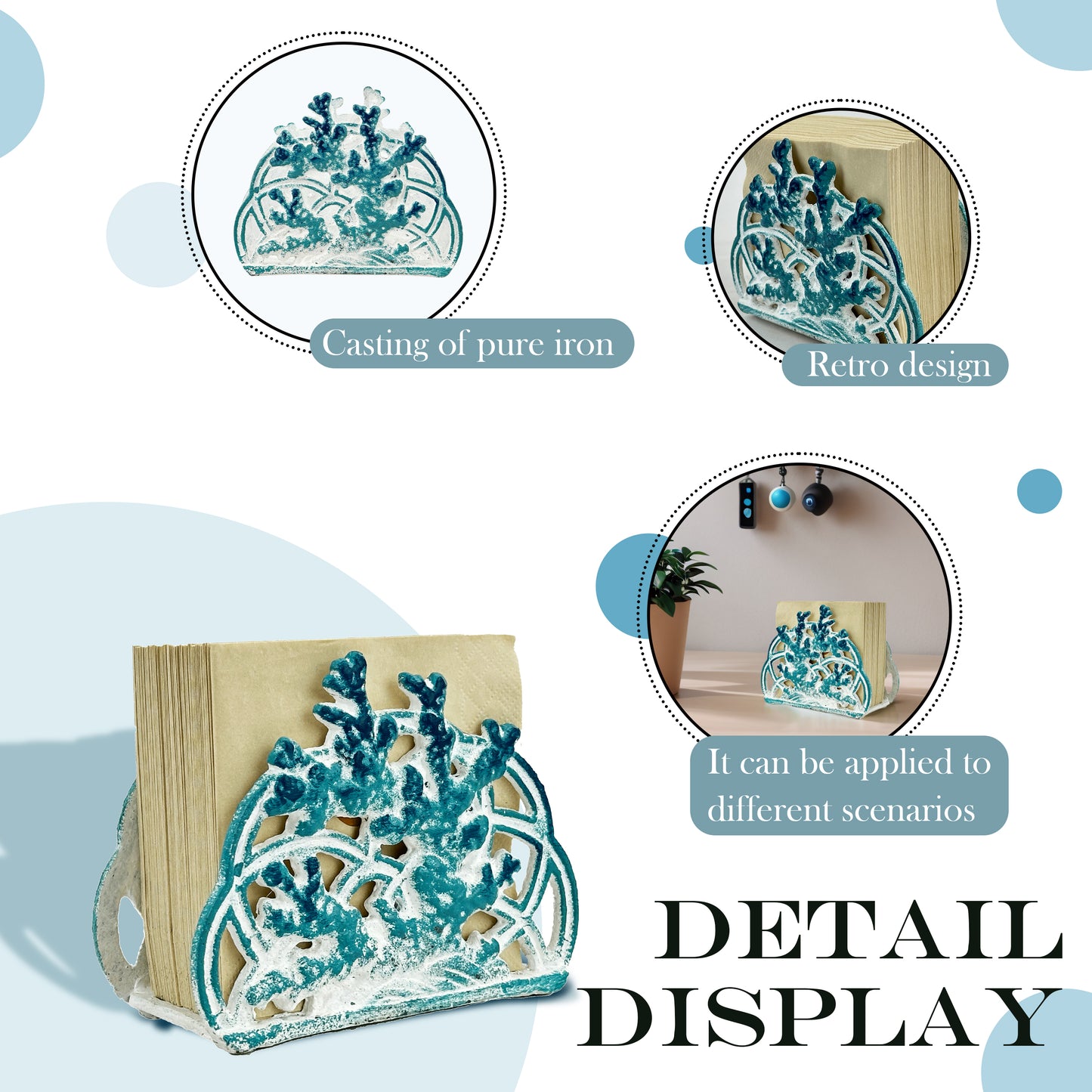 Linton Arts Napkin Holder for Table, Cast Iron Standing Napkin Dispenser, Coral Design Blue  Paper Towel Organizer for Kitchen Coffee Shop Dining Bathroom  (5.8"L x 4.6"W x 3"H)