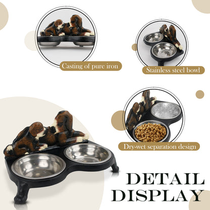 Linton Arts Cast Iron Dog Bowl Stand with 2 Stainless Steel Bowls - Heavy Duty Elevated Dog Feeder for Large Breeds, Non-Slip Chew-Proof Pet Food & Water Dish, Cute Paw Design (12"L x 6"W)