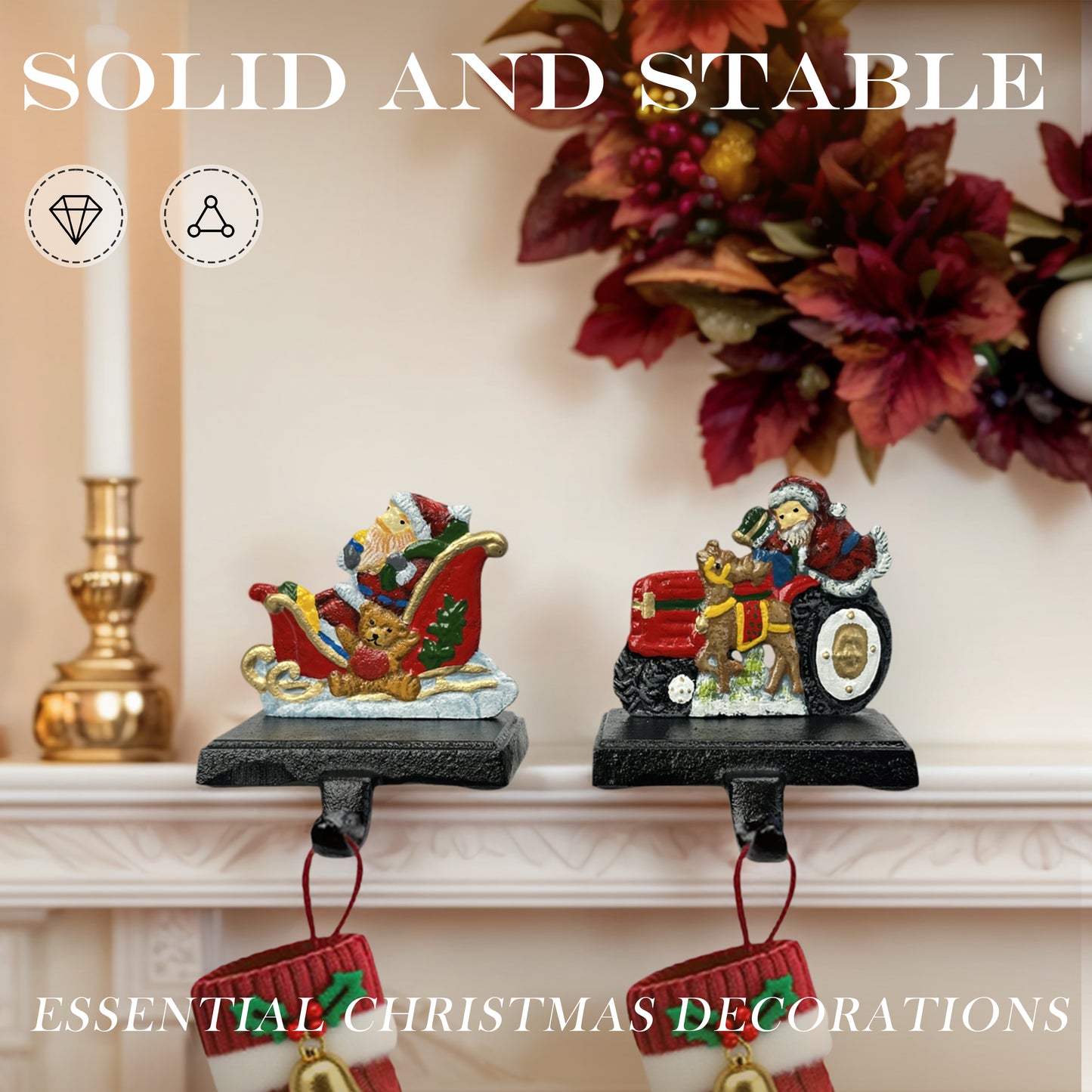 Linton Arts 2 Pack Cast Iron Christmas Stocking Holders for Mantle, Santa Claus Weighted Stocking Holder with Non-Slip Base, Vintage Ornament Hooks【Christmas Stocking Holder】