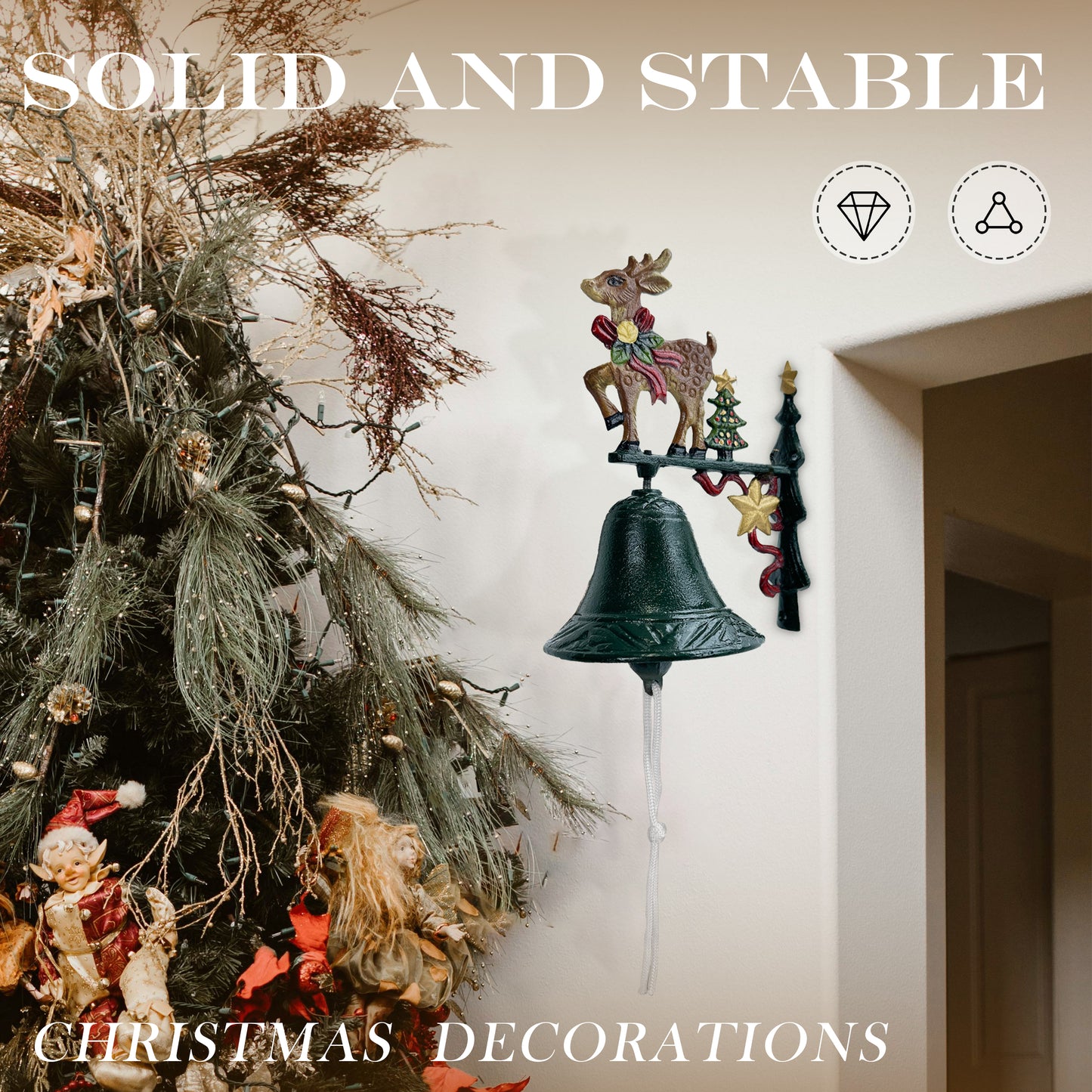 Linton Arts Christmas Outdoor Dinner Bell, Cast Iron Hand-Painted Rustic Dinner Bell with Bracket, Reindeer Outdoor Bell for Porch, Garden, Patio