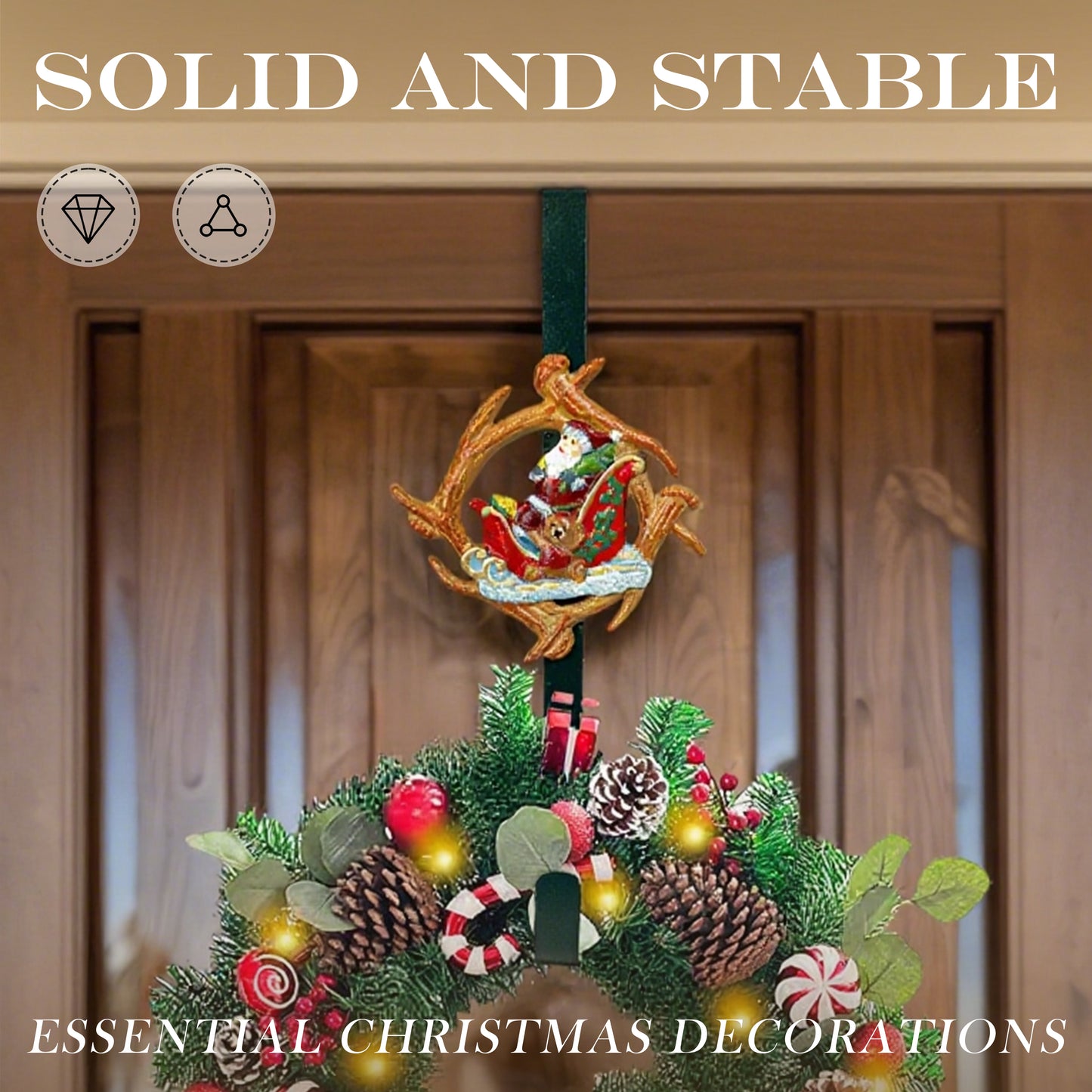 Linton Arts Cast Iron Wreath Hanger for Front Door, Santa Sleigh Adjustable Over the Door Hoo Kwreath Stand, Heavy Duty Door Wreath Hanger and Wreath Hook for Fall and Christmas Holiday Decorations.