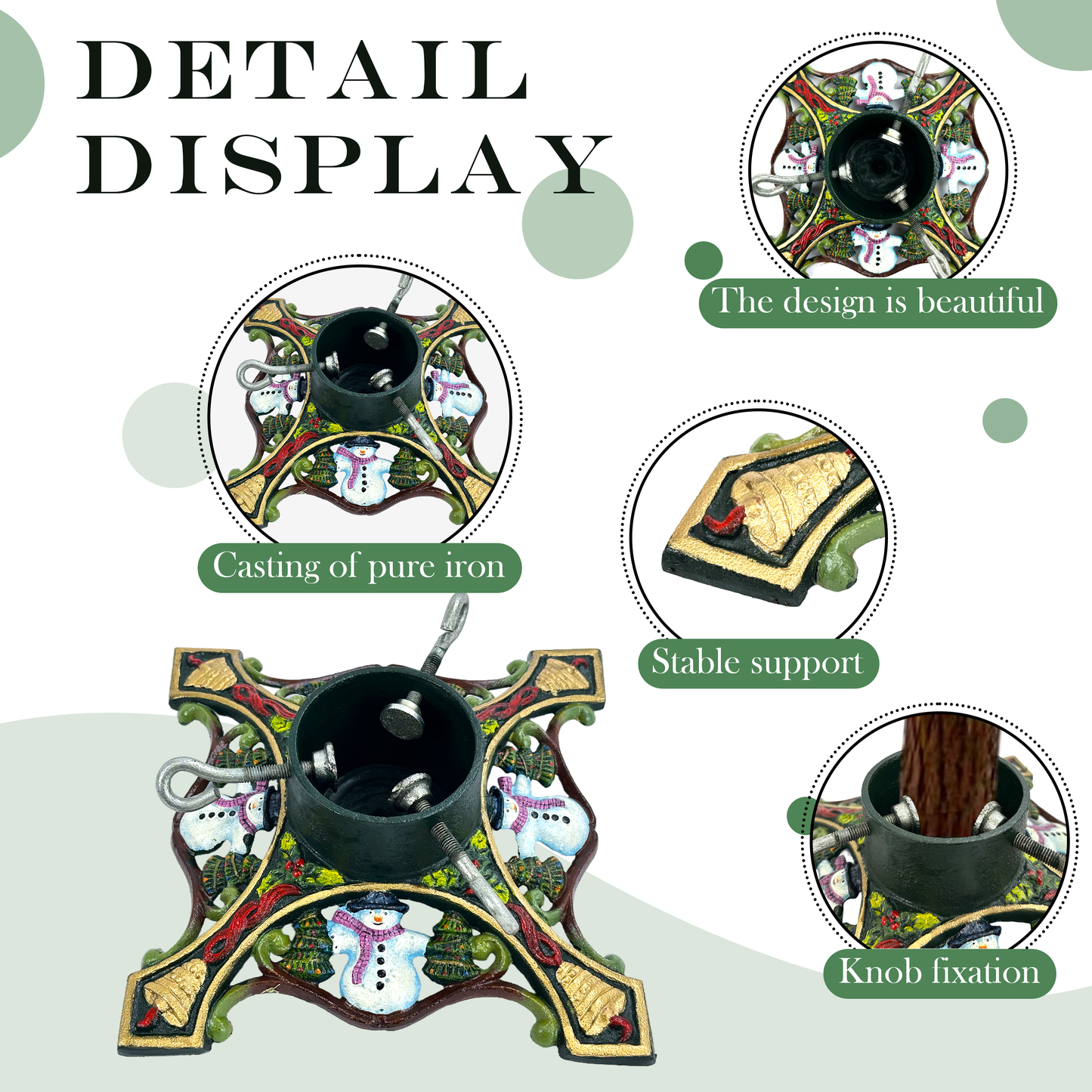 Linton Arts Heavy Duty Christmas Tree Stand - 10" Cast Iron Base with Snowman & Bells Design, Rotating Knobs Fit Trees Up to 8ft, Anti-Tip Metal Stand for Holiday Decor