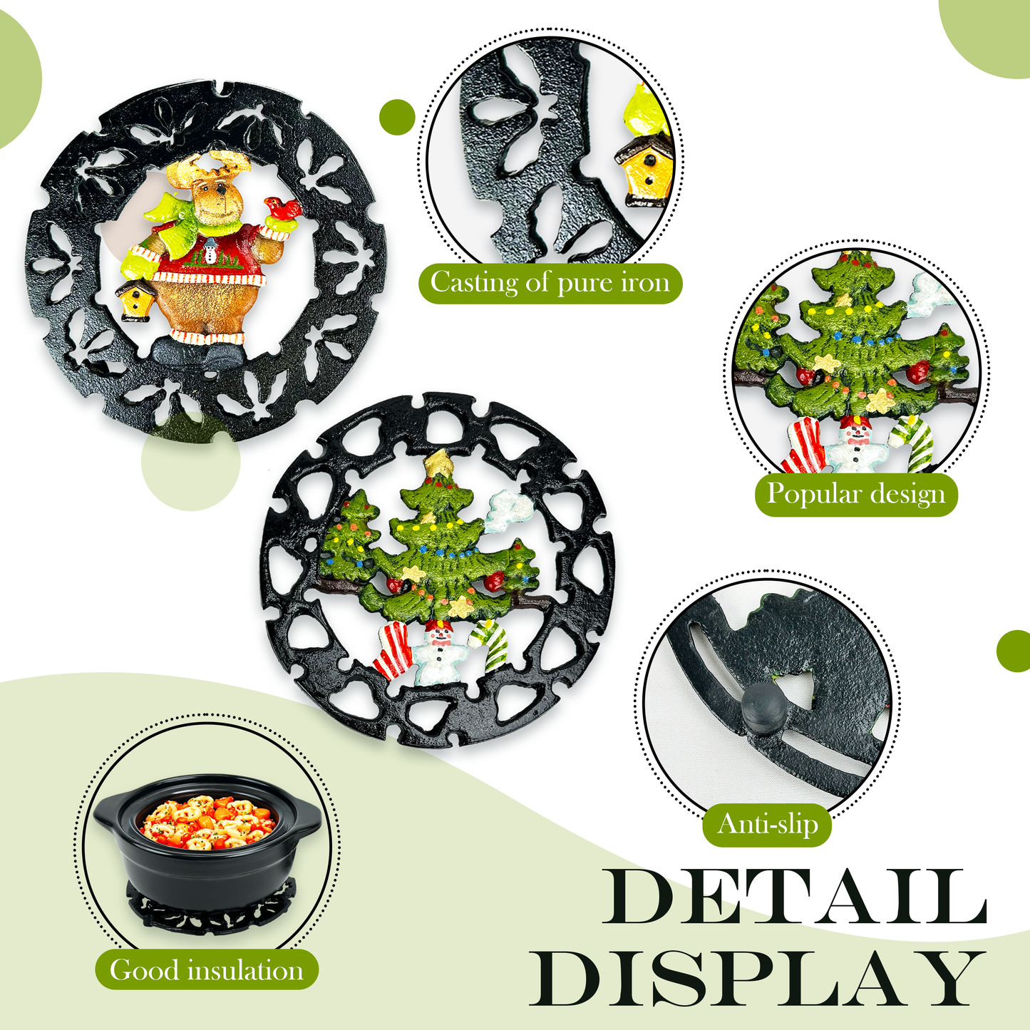 Linton Arts 2 Pack Christmas Metal Trivets, Reindeer & Snowman Cast Iron Trivet for Hot Dishes, 7 Inch Heat Resistant Decorative Trivets, Kitchen Gift for Christmas