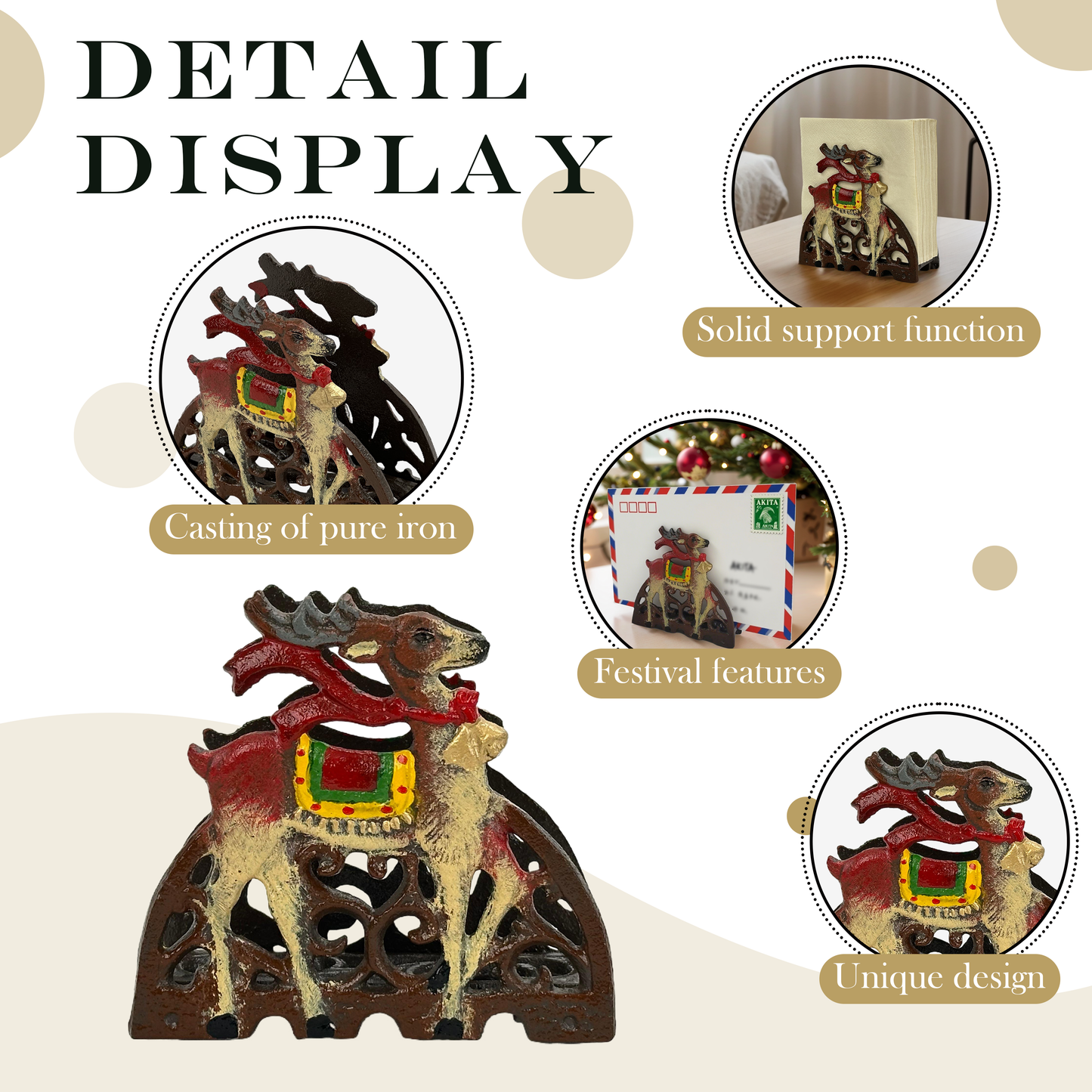 Christmas Cast Iron Napkin Holder - Retro Industrial Tissue Paper Dispenser for Table, Festive Deer Design, Durable Pure Iron Napkin Stand for Paper Napkins, Exquisite New Home Warm-Up Gift