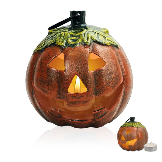 Light Up Cast Aluminum Pumpkin Lantern with Candle, Vintage Jack O'Lantern Halloween Decor for Indoor Outdoor Display, 6.7in, Retro Pumpkin Light