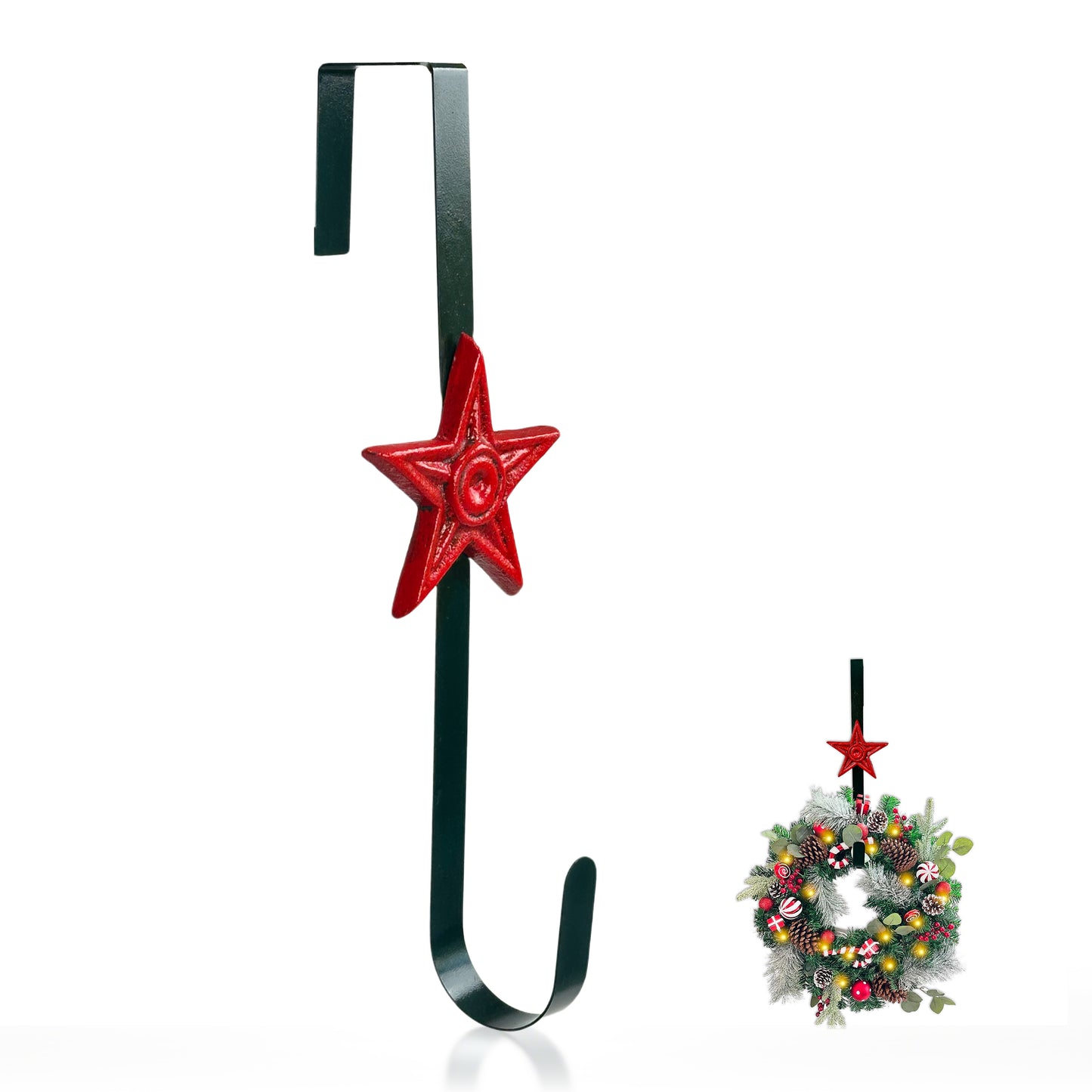 Linton Arts Cast Iron Wreath Hanger for Front Door, Red Star Adjustable Over the Door Hook Wreath Stand, Heavy Duty Door Wreath Hanger and Garland Holder for Fall and Christmas Decorations