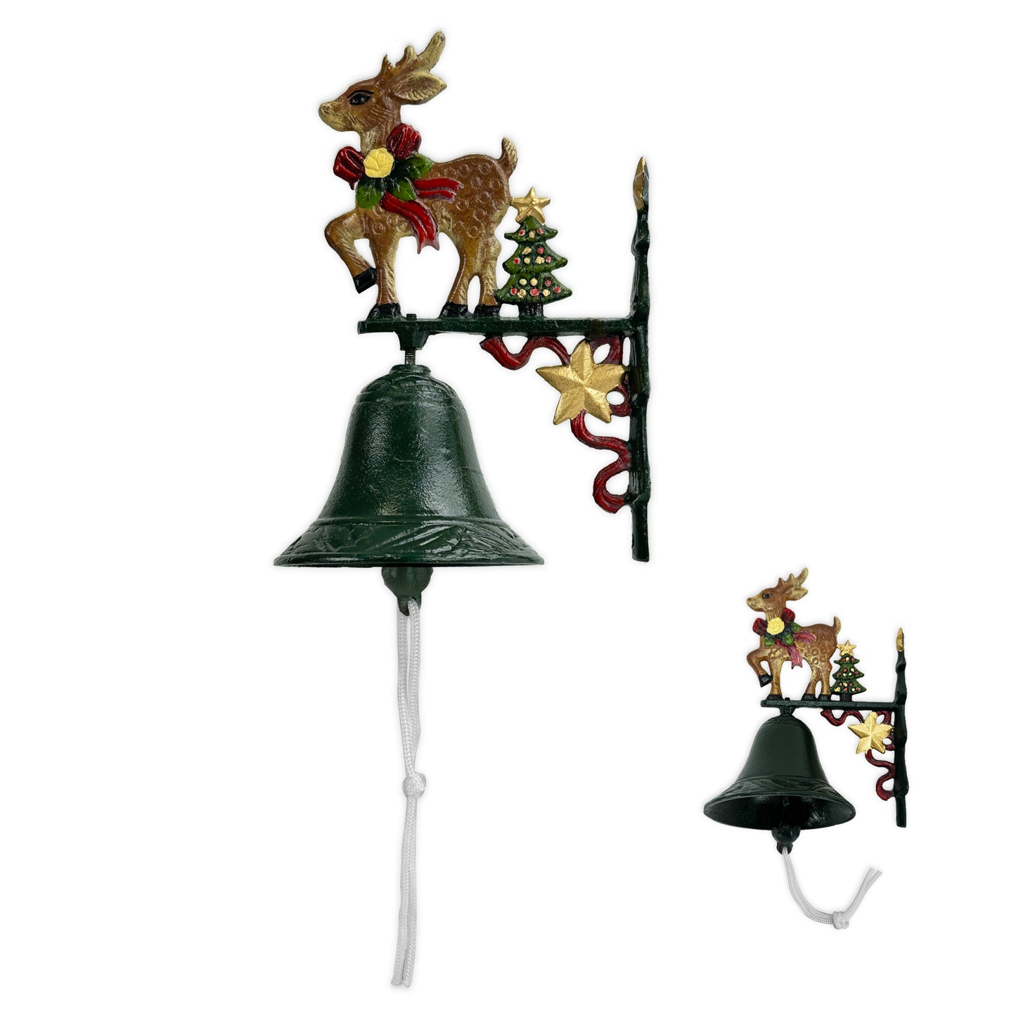 Linton Arts Christmas Outdoor Dinner Bell, Cast Iron Hand-Painted Rustic Dinner Bell with Bracket, Reindeer Outdoor Bell for Porch, Garden, Patio