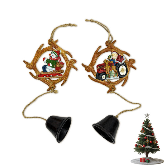 Linton Arts Vintage Christmas Tree Ornaments Set of 2, Cast Iron Snowman and Santa Claus Decorations with Bells, Hanging Christmas Tree Decorations for Home, Christmas Bell