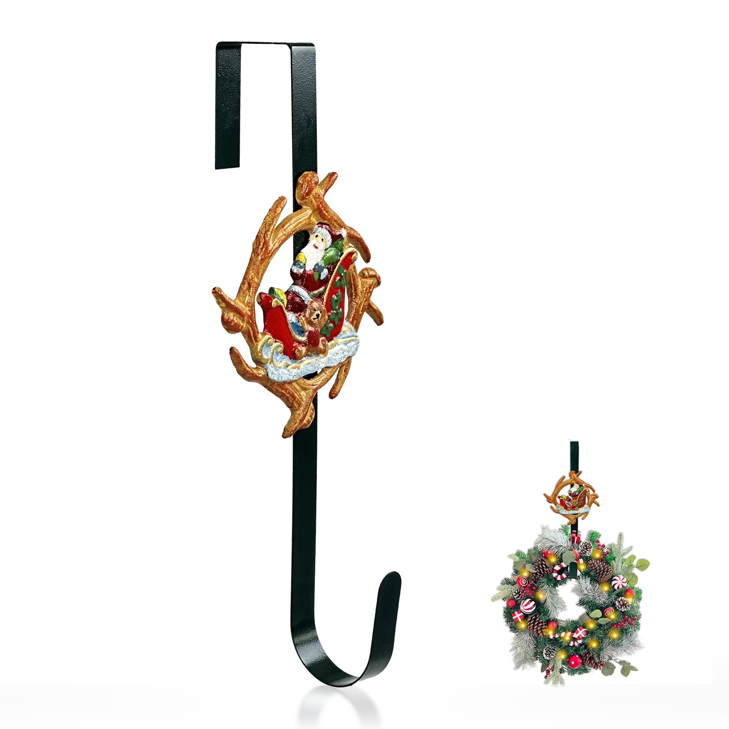 Linton Arts Cast Iron Wreath Hanger for Front Door, Santa Sleigh Adjustable Over the Door Hoo Kwreath Stand, Heavy Duty Door Wreath Hanger and Wreath Hook for Fall and Christmas Holiday Decorations.