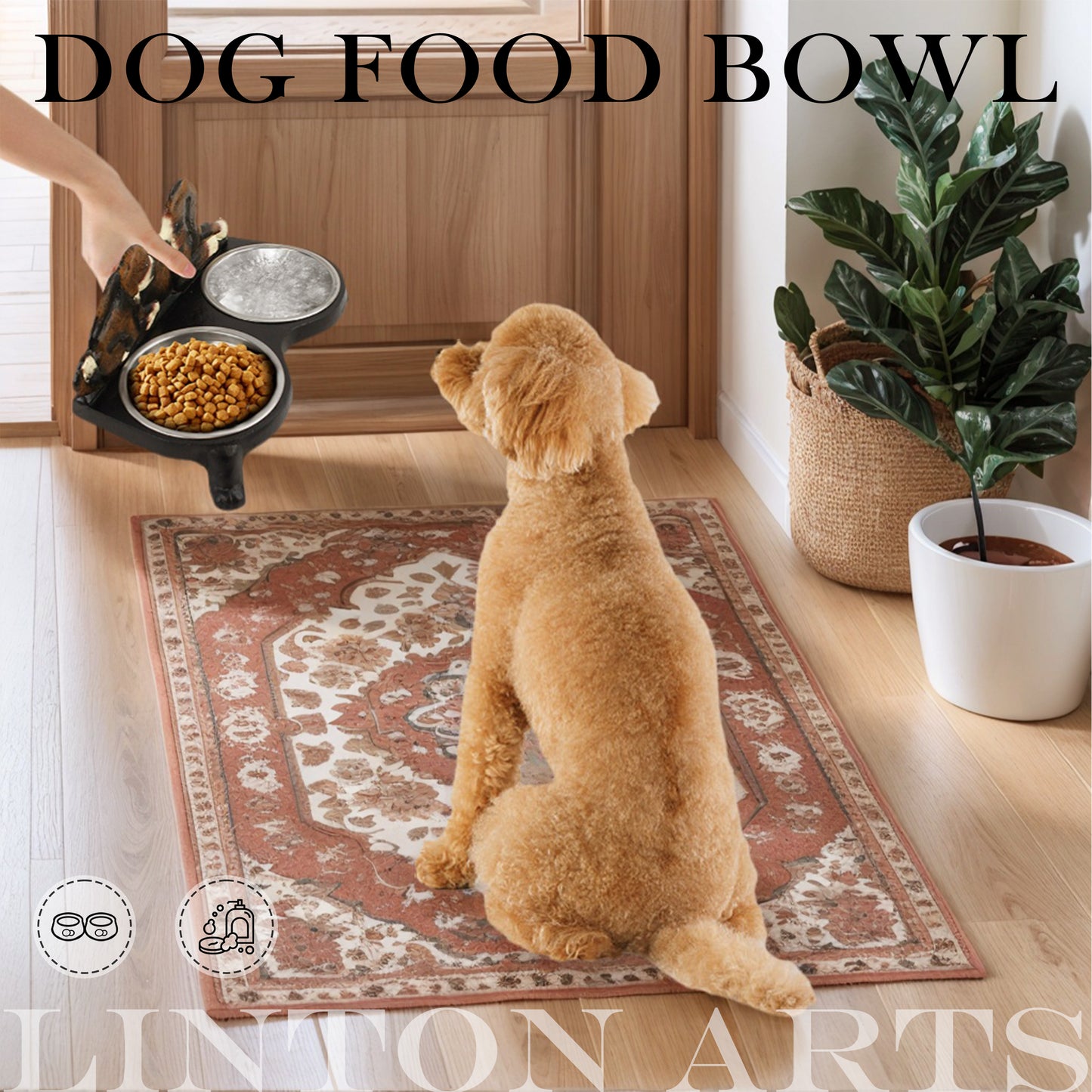 Linton Arts Cast Iron Dog Bowl Stand with 2 Stainless Steel Bowls - Heavy Duty Elevated Dog Feeder for Large Breeds, Non-Slip Chew-Proof Pet Food & Water Dish, Cute Paw Design (12"L x 6"W)