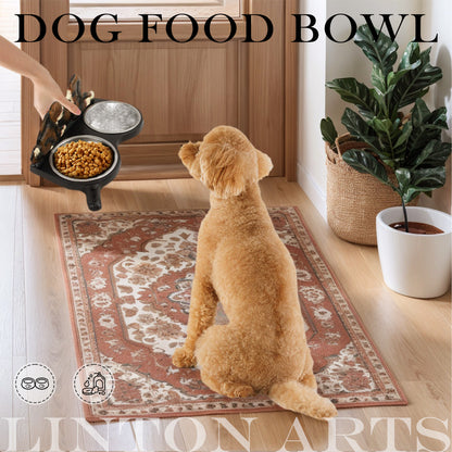 Linton Arts Cast Iron Dog Bowl Stand with 2 Stainless Steel Bowls - Heavy Duty Elevated Dog Feeder for Large Breeds, Non-Slip Chew-Proof Pet Food & Water Dish, Cute Paw Design (12"L x 6"W)
