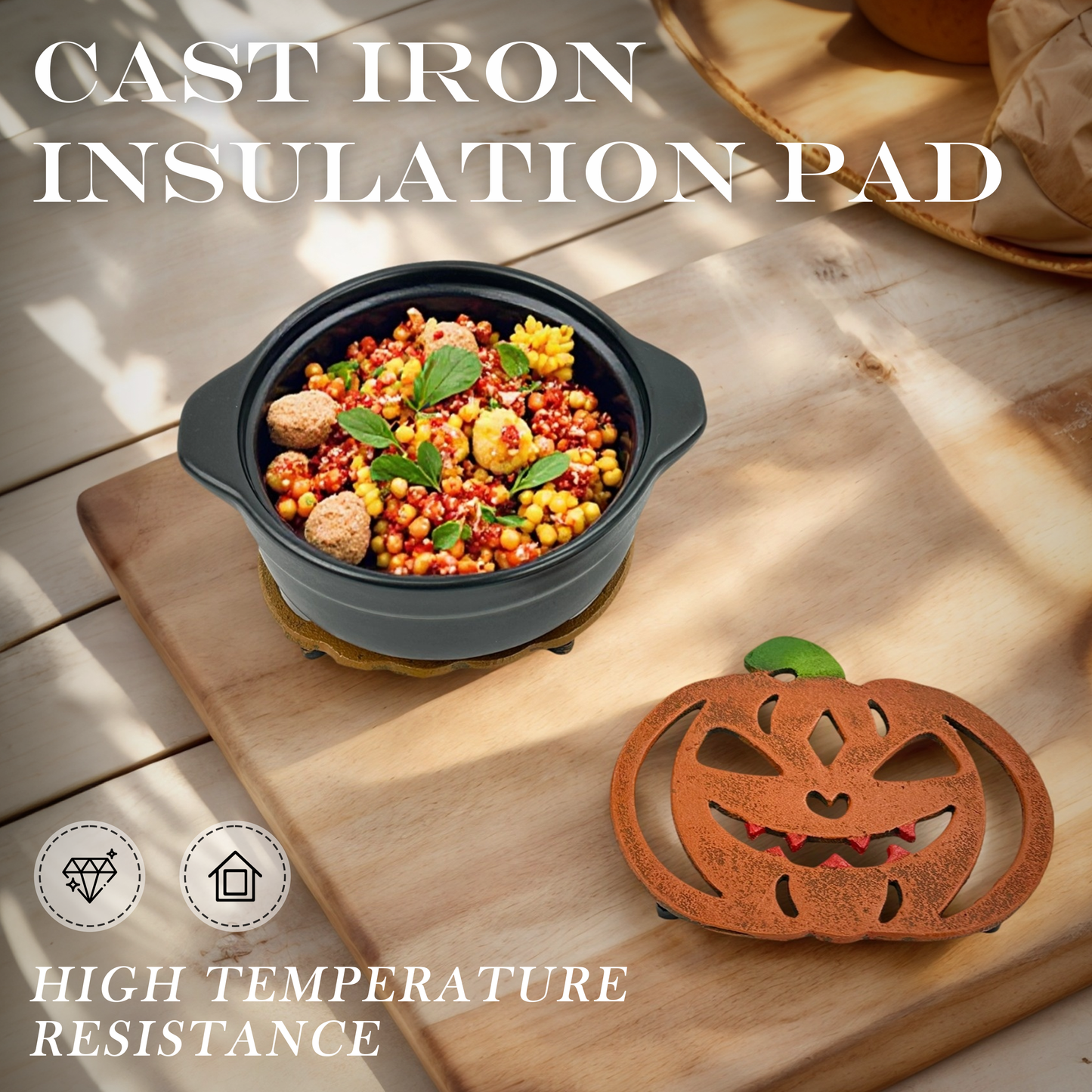 Linton Arts 2-Pack Cast Iron Jabbering Jack Trivets for Hot Dishes - Heat Resistant Trivet for Hot Pots & Pans, Festive Pumpkin Trivets & Pumpkin Kitchen Decor (Christmas Themed)