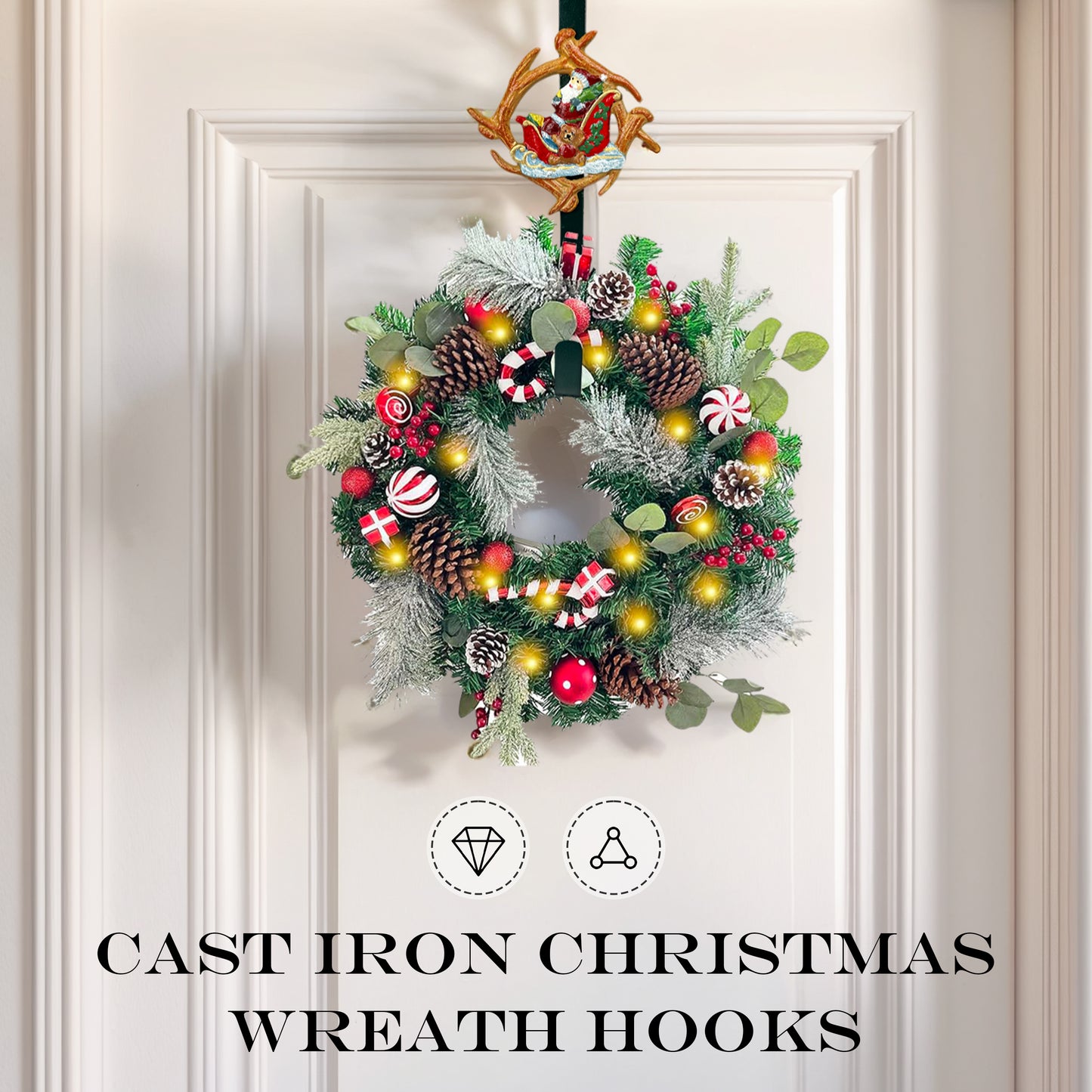 Linton Arts Cast Iron Wreath Hanger for Front Door, Santa Sleigh Adjustable Over the Door Hoo Kwreath Stand, Heavy Duty Door Wreath Hanger and Wreath Hook for Fall and Christmas Holiday Decorations.