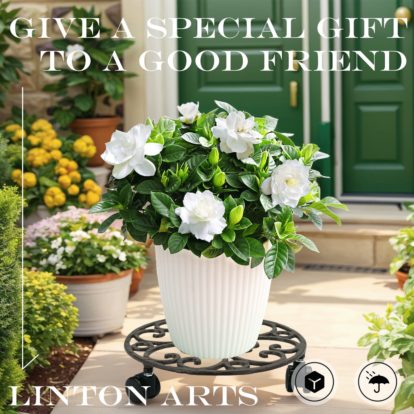 Linton Arts Wheeled Plant Caddy, 10.7 Inch Anti-Rust Cast Iron Heavy Duty Plant Caddy for Small Potted Plants, Rustic Indoor Plant Stands for Living Room, Courtyard,160 lbs Capacity, No Assembly Required