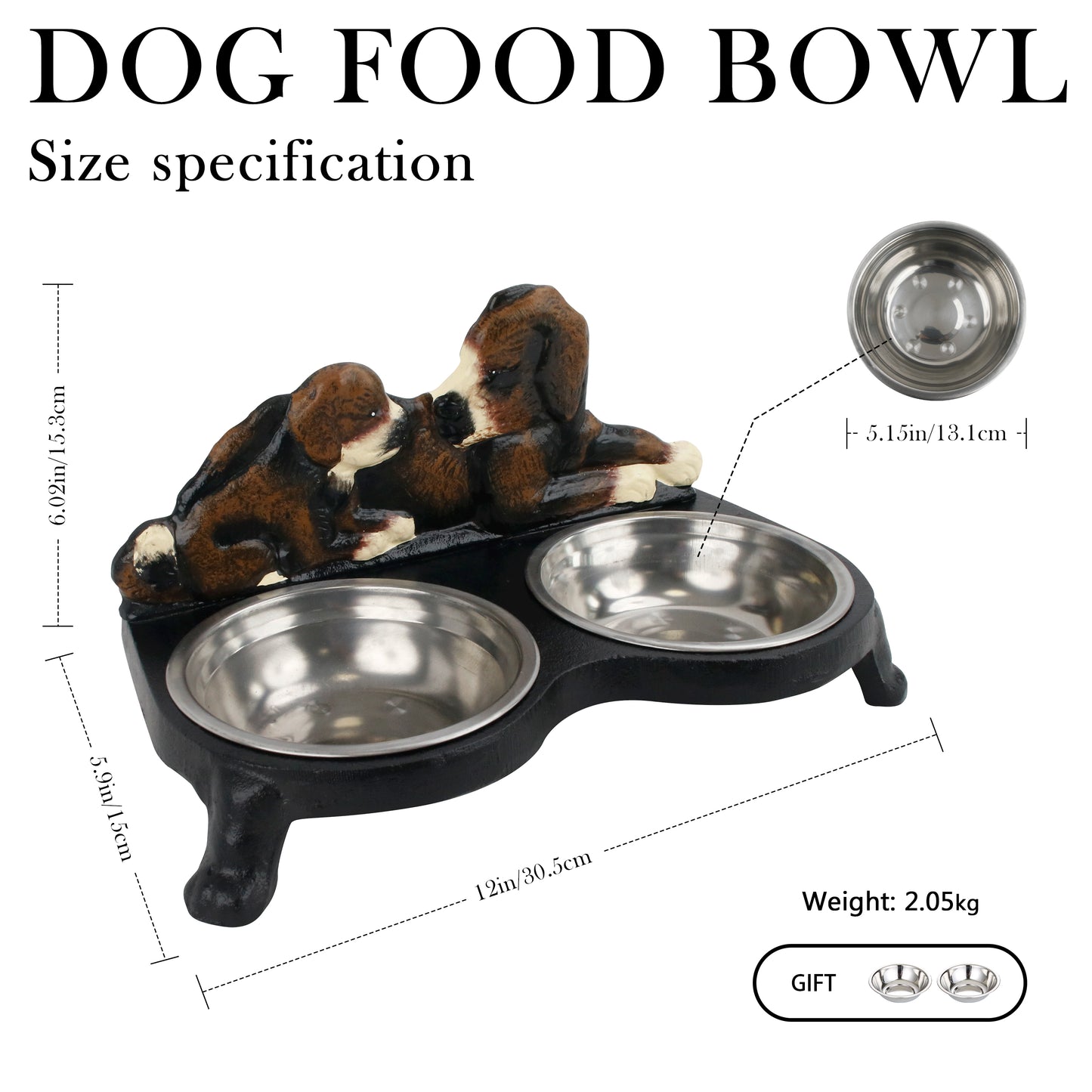 Linton Arts Cast Iron Dog Bowl Stand with 2 Stainless Steel Bowls - Heavy Duty Elevated Dog Feeder for Large Breeds, Non-Slip Chew-Proof Pet Food & Water Dish, Cute Paw Design (12"L x 6"W)