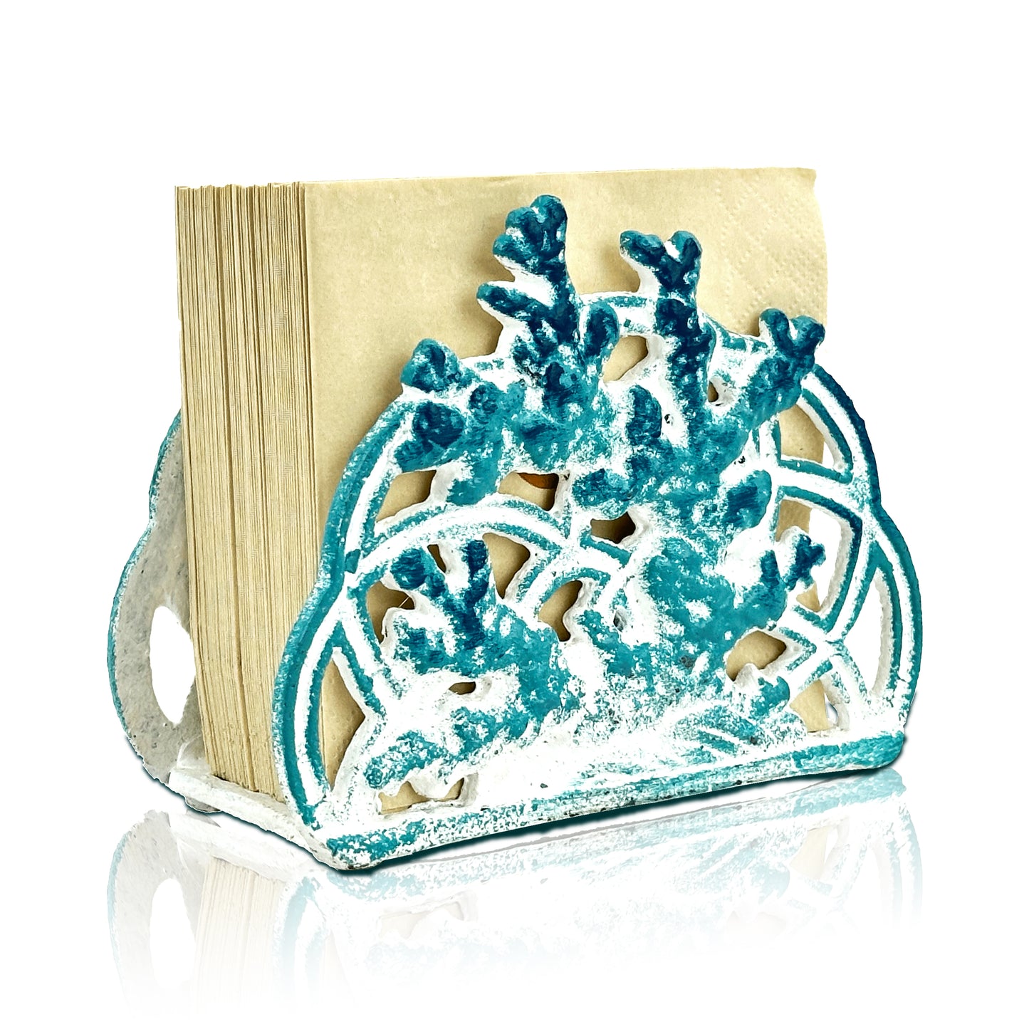 Linton Arts Napkin Holder for Table, Cast Iron Standing Napkin Dispenser, Coral Design Blue  Paper Towel Organizer for Kitchen Coffee Shop Dining Bathroom  (5.8"L x 4.6"W x 3"H)