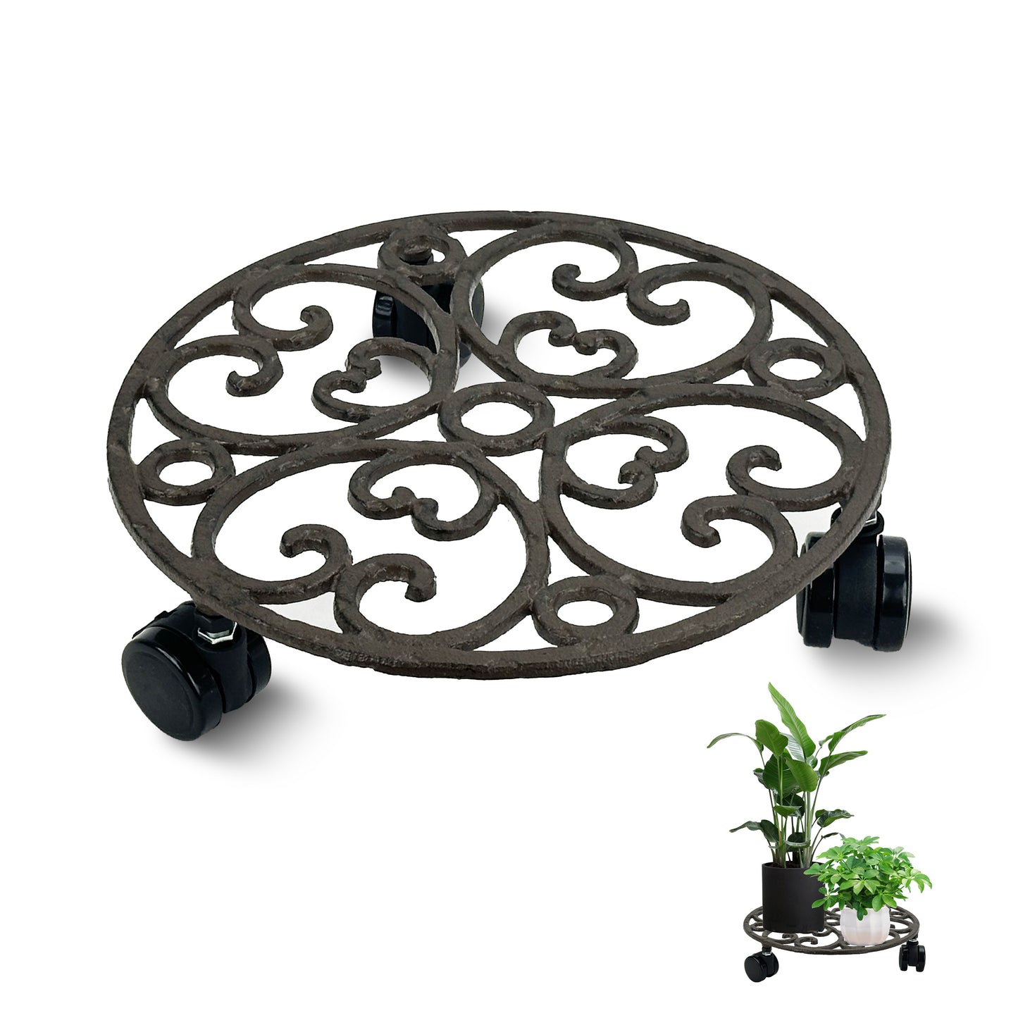 Linton Arts Wheeled Plant Caddy, 10.7 Inch Anti-Rust Cast Iron Heavy Duty Plant Caddy for Small Potted Plants, Rustic Indoor Plant Stands for Living Room, Courtyard,160 lbs Capacity, No Assembly Required