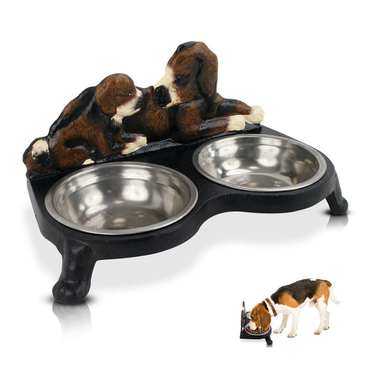 Linton Arts Cast Iron Dog Bowl Stand with 2 Stainless Steel Bowls - Heavy Duty Elevated Dog Feeder for Large Breeds, Non-Slip Chew-Proof Pet Food & Water Dish, Cute Paw Design (12"L x 6"W)