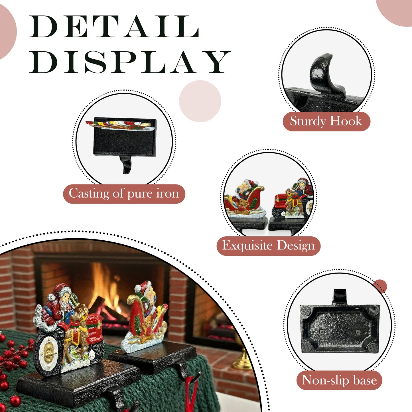 Linton Arts 2 Pack Cast Iron Christmas Stocking Holders for Mantle, Santa Claus Weighted Stocking Holder with Non-Slip Base, Vintage Ornament Hooks【Christmas Stocking Holder】