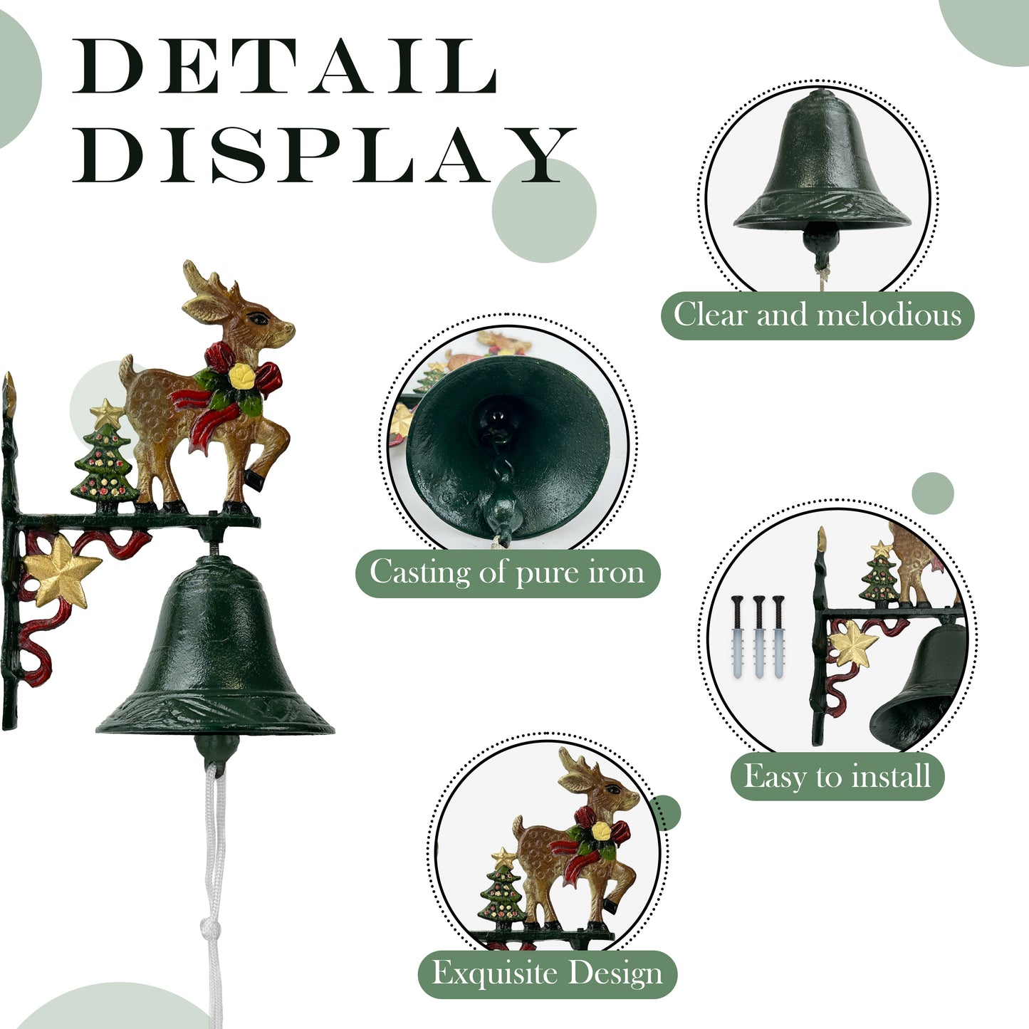 Linton Arts Christmas Outdoor Dinner Bell, Cast Iron Hand-Painted Rustic Dinner Bell with Bracket, Reindeer Outdoor Bell for Porch, Garden, Patio