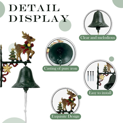 Linton Arts Christmas Outdoor Dinner Bell, Cast Iron Hand-Painted Rustic Dinner Bell with Bracket, Reindeer Outdoor Bell for Porch, Garden, Patio
