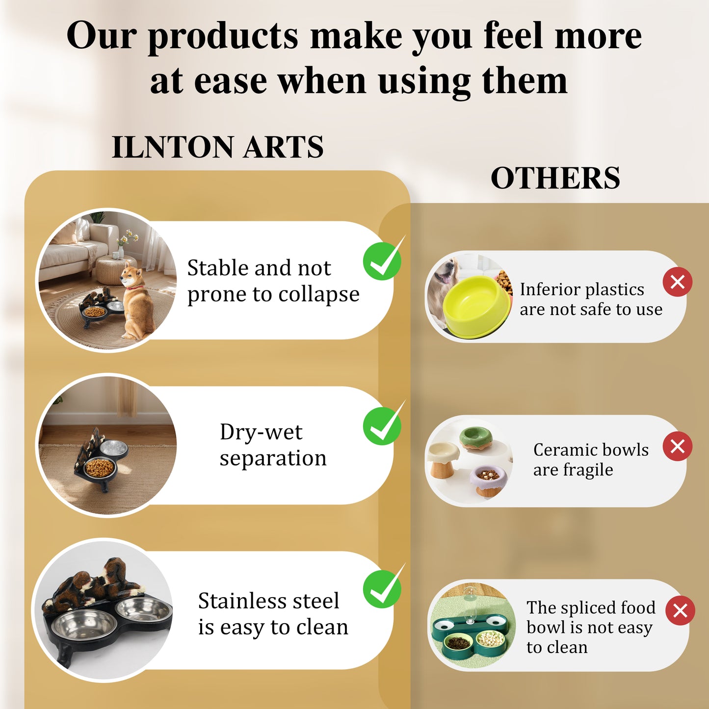 Linton Arts Cast Iron Dog Bowl Stand with 2 Stainless Steel Bowls - Heavy Duty Elevated Dog Feeder for Large Breeds, Non-Slip Chew-Proof Pet Food & Water Dish, Cute Paw Design (12"L x 6"W)