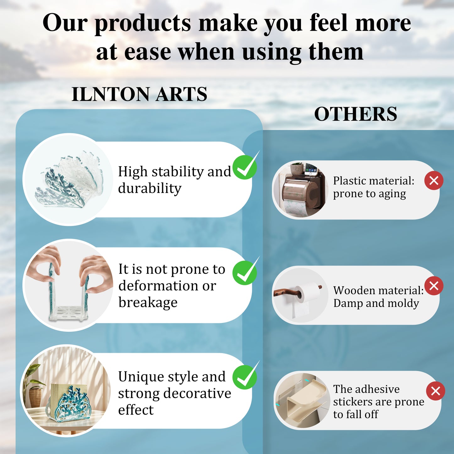 Linton Arts Napkin Holder for Table, Cast Iron Standing Napkin Dispenser, Coral Design Blue  Paper Towel Organizer for Kitchen Coffee Shop Dining Bathroom  (5.8"L x 4.6"W x 3"H)