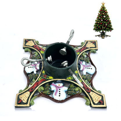Linton Arts Heavy Duty Christmas Tree Stand - 10" Cast Iron Base with Snowman & Bells Design, Rotating Knobs Fit Trees Up to 8ft, Anti-Tip Metal Stand for Holiday Decor