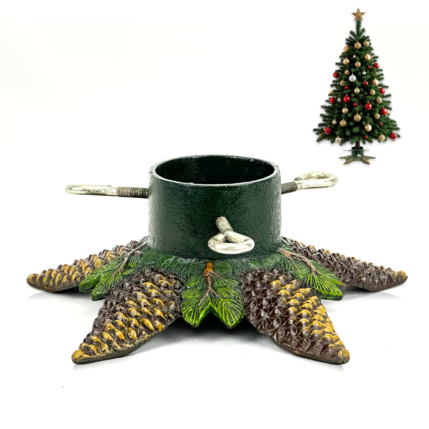 Linton Arts Christmas Tree Stand for Real Trees, Cast Iron Artificial Christmas Tree Stand, Holds Up to 8ft Trees with 4" Trunks, Pinecone-designed Christmas Tree Holder Base for Holiday Decor