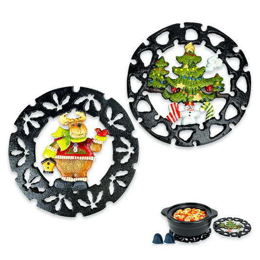 Linton Arts 2 Pack Christmas Metal Trivets, Reindeer & Snowman Cast Iron Trivet for Hot Dishes, 7 Inch Heat Resistant Decorative Trivets, Kitchen Gift for Christmas