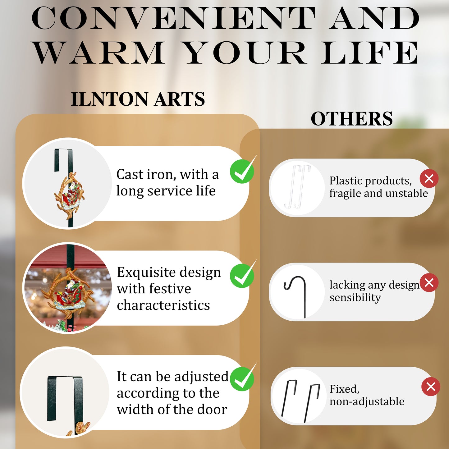 Linton Arts Cast Iron Wreath Hanger for Front Door, Santa Sleigh Adjustable Over the Door Hoo Kwreath Stand, Heavy Duty Door Wreath Hanger and Wreath Hook for Fall and Christmas Holiday Decorations.